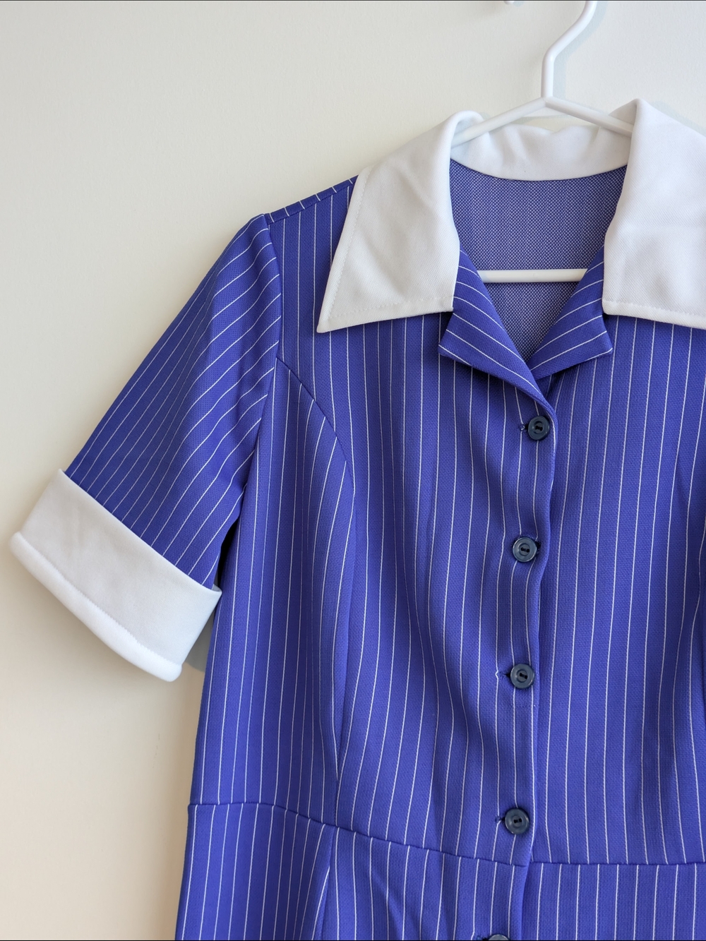 Vintage 70s Pinstripe Button-Front Jumpsuit in Blue with White Trim - Picture 3 of 4